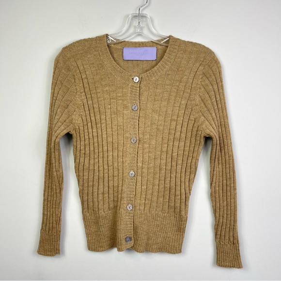 Vera Wang Lavender Label Camel Crewneck Ribbed Wool Alpaca Cardigan Sweater S - Picture 8 of 16